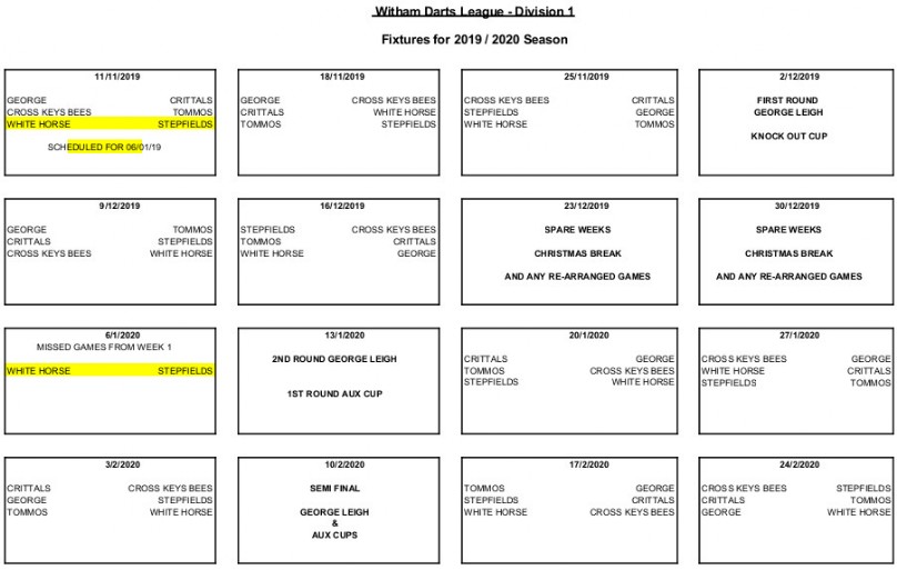 Fixtures Witham Dart League